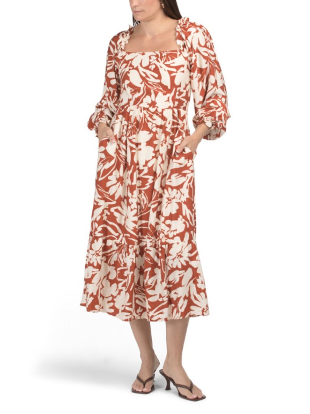 NWT IN FEBRUARY Orange/Rust Floral Print Smoked Midi Dress with Pockets Size S